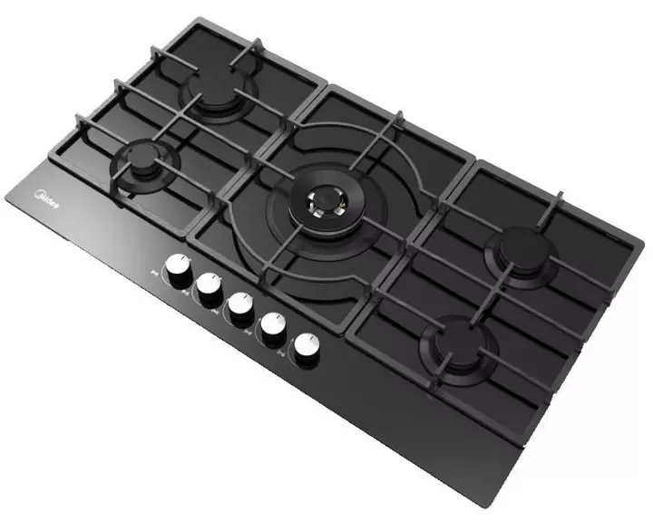 Midea, Gas Hob, 90 cm, 5 Burners, Automatic Ignition, Black Cooktop.