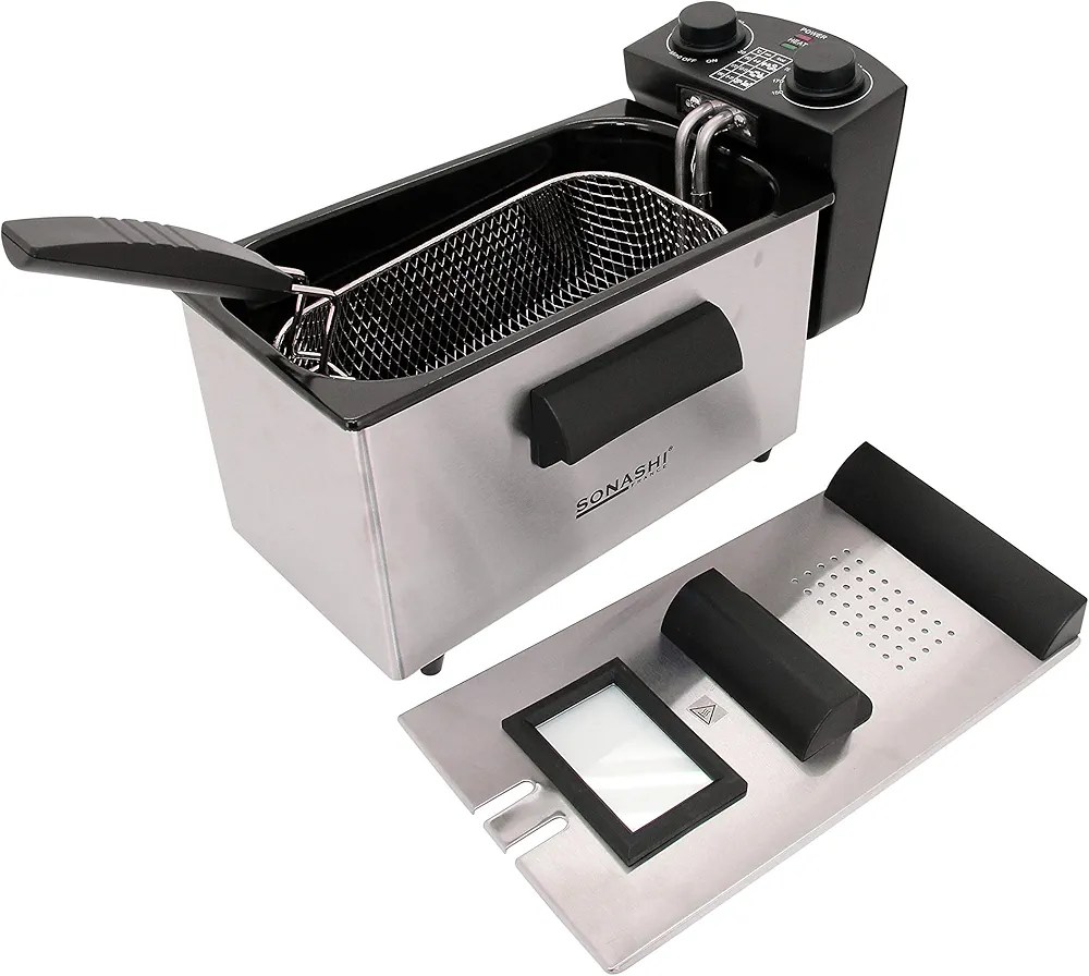 Sonashi Deep Fryer with Large 3L Capacity, Stainless Steel Housing with Non-slip Feet, Fryer for French Fries, Chicken Wings, Nuggets and More 2000W SDF-5011 Silver/Black